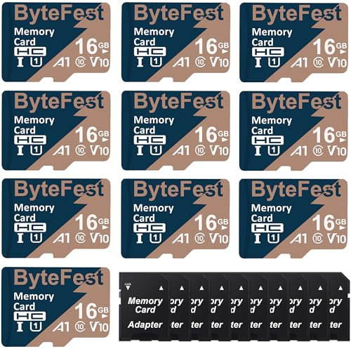 ByteFest 10 Pack 16GB mic roSD Karte mit Adapter, Schnelle UHS-I Speicherkarte U1 C10 A1 Full HD Video für Handy MP3 Player Dashcam Kamera