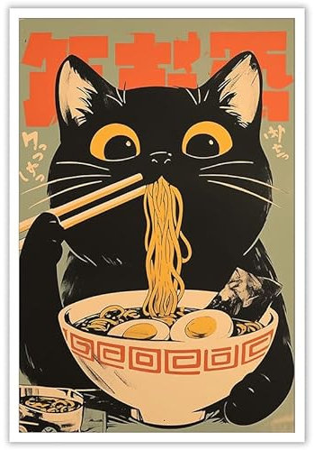 noskisy Poster mit Aufschrift Black Cat Eat Tasty Noodle, japanische niedliche Katzen, Leinwand, Wandkunst, Ramen, Katzenliebhaber, Drucke, Gemälde für Küche, Zuhause, Schlafzimmer, Wohnheim,