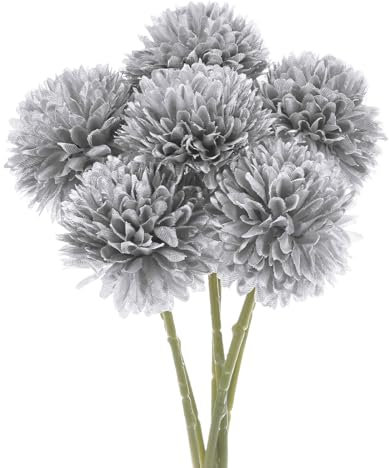 M METERXITY 6-Pack Artificial Chrysanthemum Ball Flowers,11 Inch Faux Chrysanthemum Silk Bouquets Real Touch Faux Flowers for Home/Wedding/Christmas/Party[Silver]
