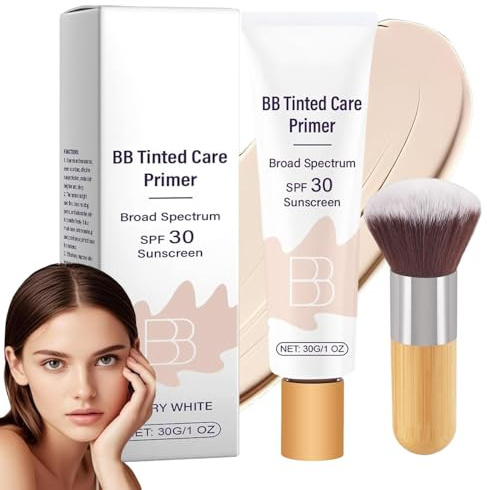 BB Tinted Care Primer with Brush,BB Cream Tinted Moisturizer with Broad SpectrumSpf,BB Tinted Moisturizer,Hydrates & Smooths Your Skin,Brightens,Suitable for women (Ivory, 1Pcs)
