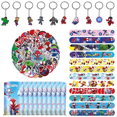 Dowdiles 82 Stück Party Mitgebsel Kindergeburtstag,Geburtstag Mitgebsel,Kindergeburtstag Mitgebsel set,10 Geschenktüten,50 Sticker,10 Schlüsselanhänger,12 Schnapparmbänder (Stil 1)