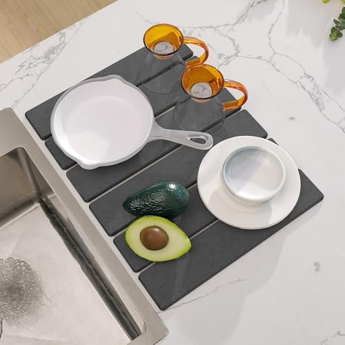 WIFORH Fast Drying Mat for Kitchen Counter, 40 x 30 cm Diatomite Dish Drying Stone Sink Tray, Diatomite Absorbent Mat, Non-Slip Mat for Bathroom Kitchen, Dark Grey
