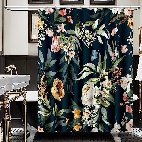 Hopomoon Artistic Floral Duschvorhang - Handgemalt Stil Badezimmer Dekor Wasserdicht Polyester Stoff 180x90cm Schwarz Vintage Design mit Natur inspiriertem Muster