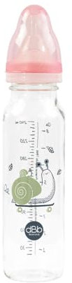 dBb Remond Biberon Régul'Air 240 ml en verre - Tétine NN -nouveau-né- anticolique en silicone - Débit régulier - 1er âge, 0 à 4 mois - Fabrication française - Décor Escargot - Rose poudré