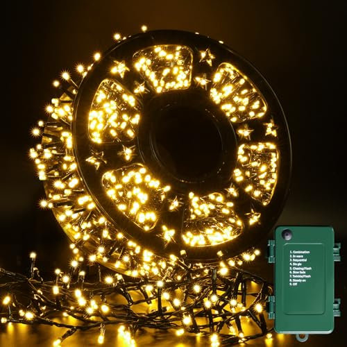 1000 LED Lichterkette Außen Batterie, 25M 8 Modi Lichterkette Batteriebetrieben innen aussen mit 6h Timer, Warmweiß Wasserdicht Weihnachtsdekorationen für Weihnachtsbaum Zimmer Garten Balkon