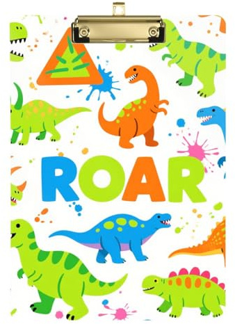 Cartoon Roaring Dino Fluoreszierendes Blau Grün Weiß Dünnes Klemmbrett Kunststoff für personalisierte Klemmbretter für Lehrer Größe 22,9 x 32,5 cm Tabla para escribir con Clip