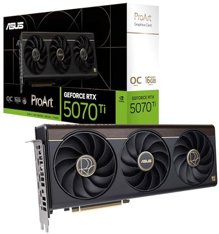 ASUS ProArt GeForce RTX 5070 Ti OC Edition Grafikkarte (PCIe 5.0, 16GB GDDR7, USB Type-C, HDMI/DP 2.1, 2.5 Slot, Axial Lüfter, Dampfkammer, Phasenwechsel GPU Wärmeleitpad)