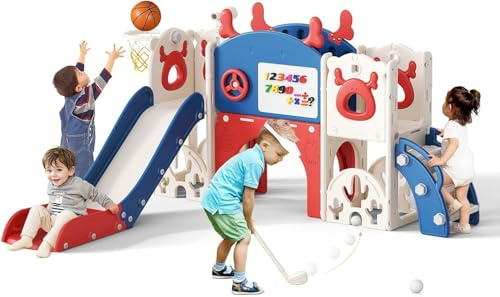 11 in 1 Elk theme Children's Slide for 1-3 Years, Baby Slide with a variety of toys such as children's golf sets, basketball stands, drawing boards, etc, Toddler Slide