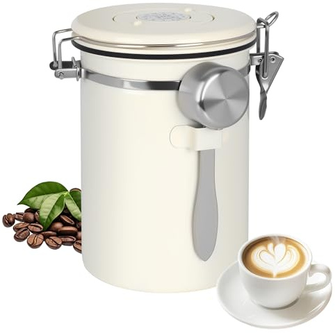 Kaffeedose Luftdicht(1,8 L), Kaffeebehälter, aus Edelstahl, Mit Edelstahl-Löffel, Zeitspeicherfunktion Und CO₂-Ventil, geeignet für Kaffeebohnen, Teeblätter, Mehl, Getreide und Zucke, Nüsse usw