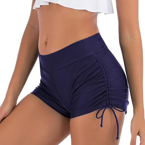 BIOECEUA Women Swim Shorts, High Waisted Full Coverage Ruched Drawstring Bikini Bottoms Swimwear for Ladies Girls Beach Pool M Navy
