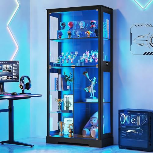 5-Tier Glass Display Cabinets with 3-Color Lighting, Lock & Human Sensor | Curio Cabinet for Collectibles Bookcases,180 cm Tall Storage Cabinet for Living Room,Bedroom,Display Case Black