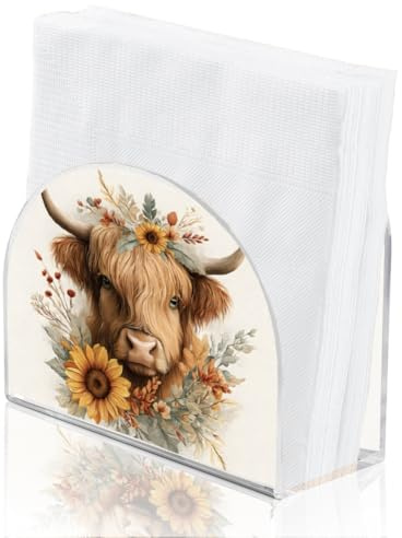 SUPERDANT Porte-Serviettes Vache Highland Fleurs pour Table Fleurs Distributeur de Serviettes en Acrylique Organisateur de Serviettes en Papier Support pour Salle à Manger Cuisine Maison Bar Décor