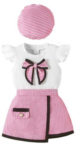 JENJON Ensemble Bébé Fille Manches à Volants Côtelés Tops à Nœud Papillon + Elegante Mini Jupe à Carreaux en Tweed + Béret 3Pcs Été Vêtements Tenues