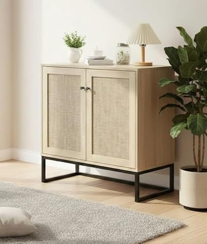 Garvee Sideboard Kommode mit Rattantür, Aufbewahrungsschrank mit verstellbarem Einlegeboden, Wohnzimmerschrank Anrichte für Flur Schlafzimmer, Boho-Stil, Eiche Optik & Schwarz, 80x38x78 cm