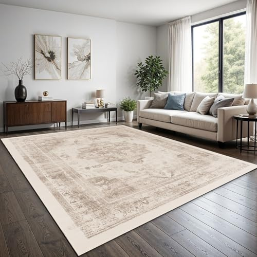 TT Home Boho Vintage Teppich Wohnzimmer Kurzflor - Retro Design, rutschfest & pflegeleicht, modern für Esszimmer & Flur Waschbar, Farbe:Beige 2, Größe:240x340 cm