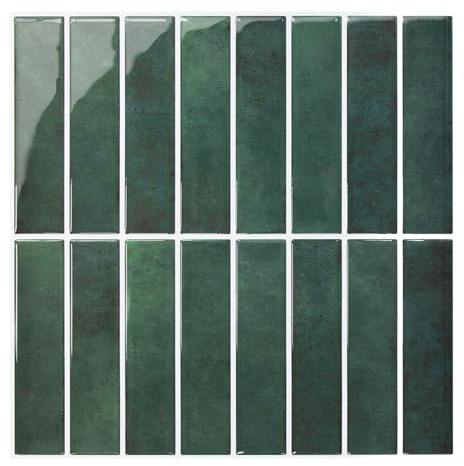 COMSTICKC Crédence Adhésive Pour Cuisine Vert, 10 Pièces 30,5x30,5cm | Carrelage Adhesif Mural Salle de Bain, Vinyle 3D Métro Autocollant Carrelage Adhesif, imperméable, Ligne droite verticale