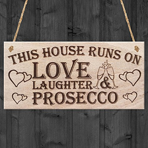 Red Ocean This House Runs On Love Laughter & Prosecco Home Decor Funny Poem Hanging Wooden Plaque Sign Gift