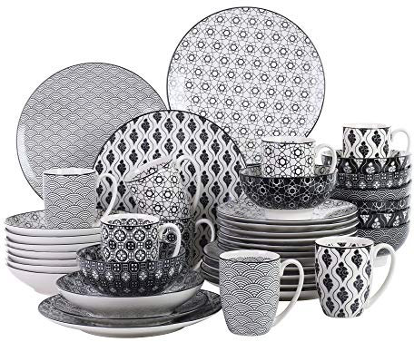 vancasso Haruka Vajilla de Porcelana 40 piezas Vajilla set, con Taza de Café, Cuencos, Platos, Platos de Postre, Platos Lleno y Hondo, Vajilla para 8 Personas
