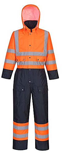 Portwest S485 Men's Hi Vis Winter Work Coveralls Waterproof 300D Polyester Protective Boiler Suit Durable Overalls Thermal Lined Workwear Rain Suit, Orange / Navy, 6X-Large