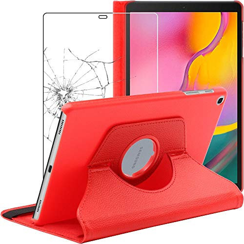 ebestStar - Coque pour Samsung Galaxy Tab A 10.1 2019 T510 T515, Etui Rotatif 360, Housse Protection PU Cuir, Rouge + Verre Trempé