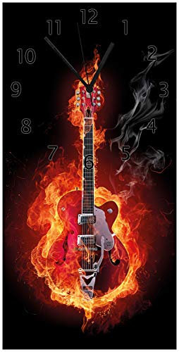 Wallario Design-Wanduhr Brennende Gitarre aus Glas, Motiv-Uhr Größe 30 x 60 cm, Schwarze Zeiger