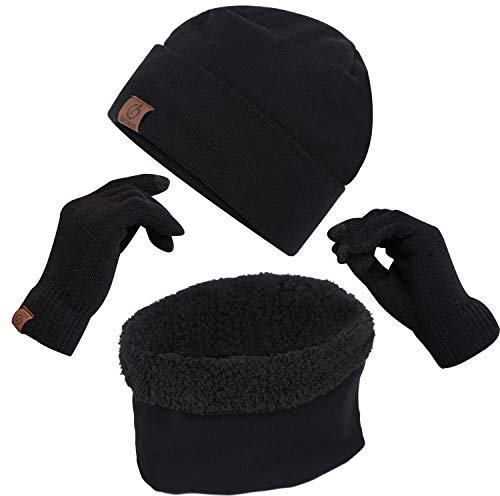 BeCann 3 Pieces Winter Beanie Hats Scarf Touch Screen Gloves Large Hat Scarf Gloves Set Thick Knit Skull Cap for Men Women (Black)