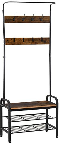 HOMCOM Coat Rack Stand Industrial hallway Shoe Rack Removable Hooks Metal Wood Hangers Storage Cabinet Rustic Brown 72L×34W×185H(cm)