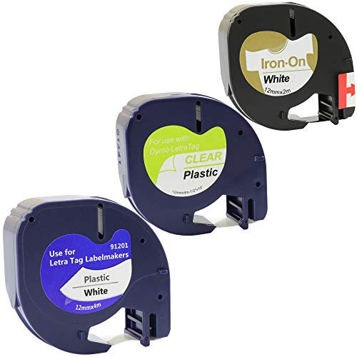 3X Compatible with LetraTag Black on White/Transparent Plastic (12mm x 4m) & Iron-On Fabric (12mm x 2m) Label Tapes for LetraTag LT-100H LT-100T LT-110T QX 50 XR XM 2000 Plus