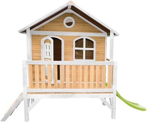 AXI Spielhaus Stef mit hellgrüner Rutsche | Stelzenhaus in Braun & Weiß aus FSC Holz für Kinder | Spielturm für den Garten..