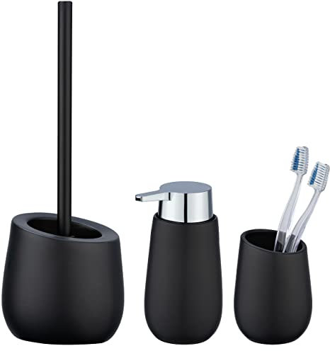 WENKO Bad-Accessoire-Set Mod. Badi 3-teilig aus hochwertiger Keramik in elegantem Schwarz mit Seifenspender WC-Bürste Zahnputzbecher Maße 38 cm x 13,5 cm