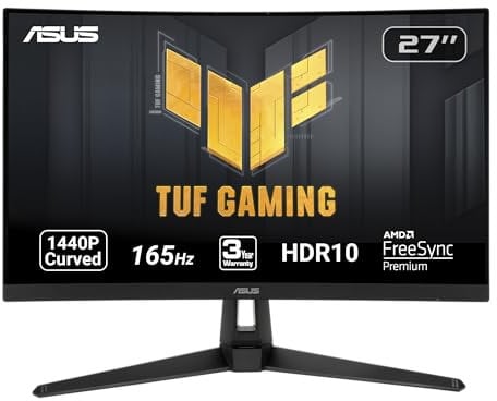 ASUS TUF Gaming VG27WQ1B 27” Curved Monitor, 1440P WQHD (2560 x 1440), 165Hz (Supports 144Hz), 1ms, Adaptive-sync/FreeSync Premium, Extreme Low Motion Blur, Eye Care, HDMI DisplayPort, HDR10