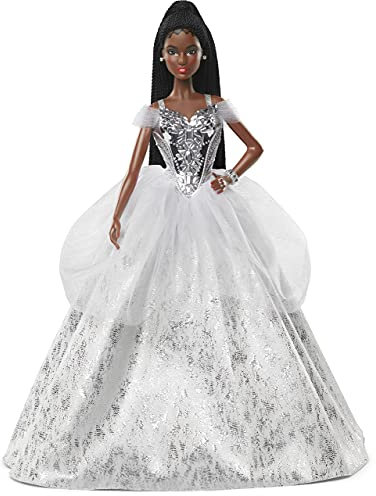 Barbie GXL22 - Barbie Signature 2021 Holiday Barbie Puppe (30 cm, brünettes, geflochtenes Haar) im silbernen Kleid mit Puppenständer und Echtheitszertifikat, Geschenk für Kinder ab 6 Jahren