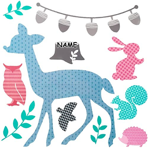 alles-meine.de GmbH Wandsticker Motivwahl Erwachsene & Kinder - 11 TLG. Set - Waldtiere - REH & Eichhörnchen - inkl. Name - selbstklebend + wiederverwendbar - Wandtattoo - Au..