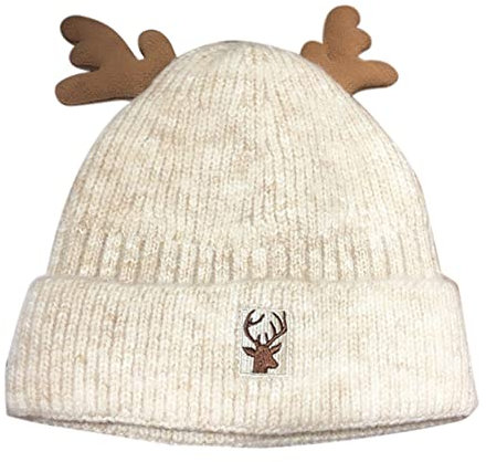 Herbests Damen Weihnachtsmütze Strickmütze Wintermütze Mütze mit Geweih Wollmütze Unisex Weihnachts Gestrickte Mütze Warme Beanie Hat Häkelmütze Hut Weihnachtshüte Geschenk für Männer Frauen Beige