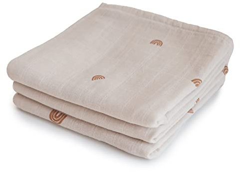 Mushie Musselin Baby Wickeldecke | Mullwindeln aus 100% Bio-Baumwolle | 58 x 60 cm | 3-Pack | Sichere, Hochwertige & extra Weich für Kleinkinder & Baby | Rainbows