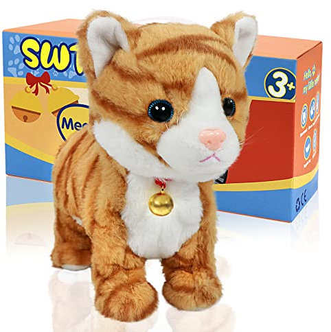 SWTOIPIG Interactive Plush Cat Toys for Kids, Reliable Robotic Electronic Cats Sound and Touch Control, Realistic Soft Plush Toy Cat That Walks and Meow Box, Kitty Toys Gift Yellow