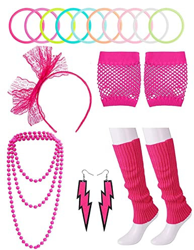 80s Accessories for Women,Retro 80s Lace Headband Bracelet Fishnet Gloves Necklace Earrings Leg Warmers for Women 80s Party, L