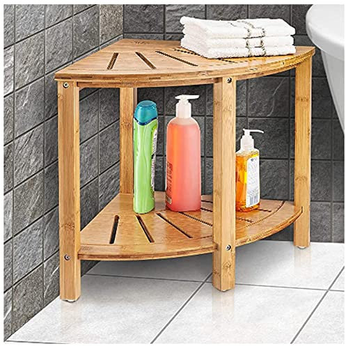 Sgabello da Doccia Bambu Sgabello per Doccia angolare Sgabello Organizer per Vasca idromassaggio in Legno a 2 Livelli Sedia da Bagno angolare e Sedile per Interni ed Esterni