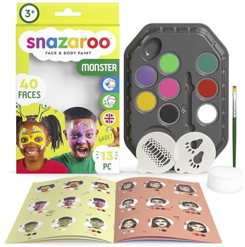 Snazaroo 1172190 Schminkset Monster , hautfreundliche Gesichtsschminke auf Wasserbasis - 7 Schminkfarben, 1 Schminkpinsel, 1 Schwamm, 2 Vorlagen und Schritt-für-Schritt-Anleitung