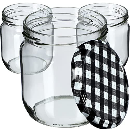 KADAX Lot de 12 pots à confiture avec couvercle à visser, 425 ml, bocaux de conservation pour confitures, confitures, miel, carreaux noirs
