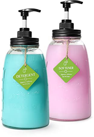 HOMKO Glass Laundry Detergent Dispenser, Laundry Soap Dispenser for Laundry Room, 2PCS 50oz Mason Jar with Pump for Fabric Softener