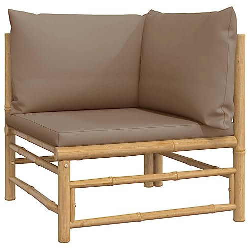 vidaXL Canapé d'angle de Jardin avec Coussins Taupe Bambou, canapé d'extérieur, canapé sectionnel, canapé de terrasse, siège de Jardin