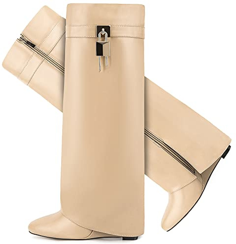 CDHYX Fold Over Boots for Women Pointy Pull-on Wedge Heel Knee Shark Boot With Side Zipper Padlock Design, Beige, 6 UK