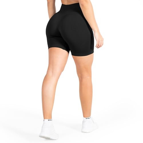 SMILODOX Sport Shorts Damen Amaze Pro, Seamless Blickdichte Radlerhose, Unsichtbarer Scrunch-Effekt, V-Shape High Waist Kurze Sporthose Biker Shorts Yoga Fitness Gym, Größe:S, Color:Schwarz