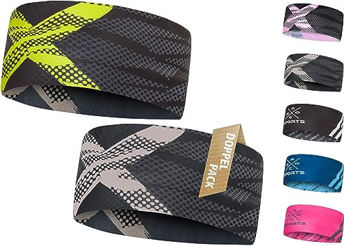 2er Set atmungsaktives Sport Stirnband Damen & Herren - schnelltrocknendes Kopfband zum Wenden - elastisches Haarband, Schweißband Stirn (neon, grau)