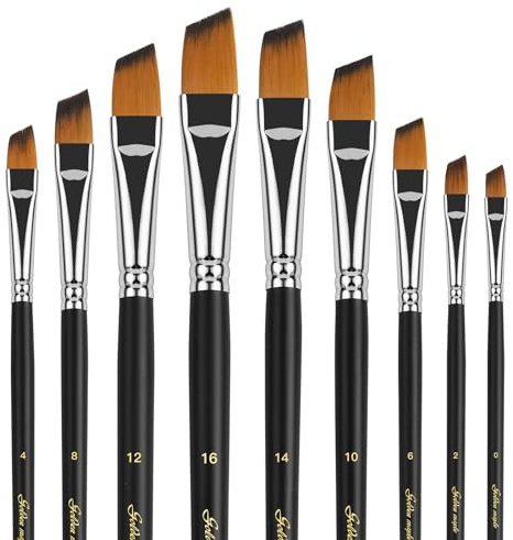Golden Maple Angular Paint Brush, 9 Piece Oblique Tip Nylon Hair Long Handle Angled Paint Brushes Set Art Artist Professional Painting Supplies for Acrylic, Watercolour, Gouache and Oil Painting