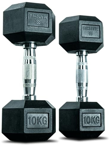 MATCHU - Hexagon Hantel - Hexagon Dumbbells - Kurzhanteln Set - 10 KG - Satz Von 2 - Gummi - Verchromter Griff - Schwarz