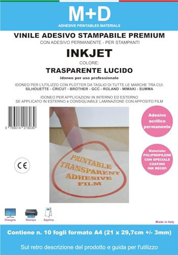M+D Vinile Adesivo Premium - Stampabile con Stampanti Inkjet - Colore Trasparente Con Adesivo Permanente - compatibile con macchine Silhouette Cameo Brother Cricut (conf. da 10 fogli form. A4)