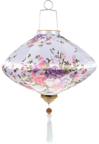 Garneck Asiatisch Hoi An Seide Laterne Vietnamesischer Stoff Laternen Stofflaterne Hängende Deko Laterne mit Quasten Blumenmuster für Mondfest Neujahr Frühlingsfest Garten Haustür Weiß