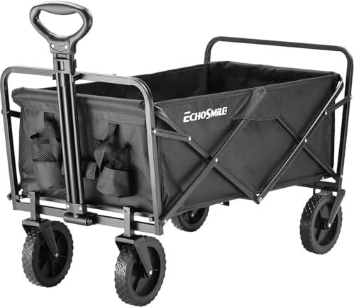 EchoSmile Bollerwagen Faltbar 100L 100KG Tragkraft, Leichter Klappbarer Transportwagen Gartenwagen mit Seitentaschen, All-Terrain Bollerwagen Handwagen für Strand Garten Camping Outdoor